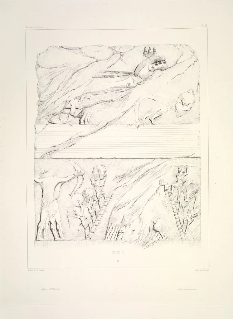 An illustration from Monument de Ninive, découvert et décrit par M.P.E. Botta; mesuré et dessiné par M.E. Flandin. Ouvrage publié par ordre du gouvernement sous les auspices de M. le ministre de l'intérieur et sous la direction d'une commission de l'Institut, 1849, leaf 101