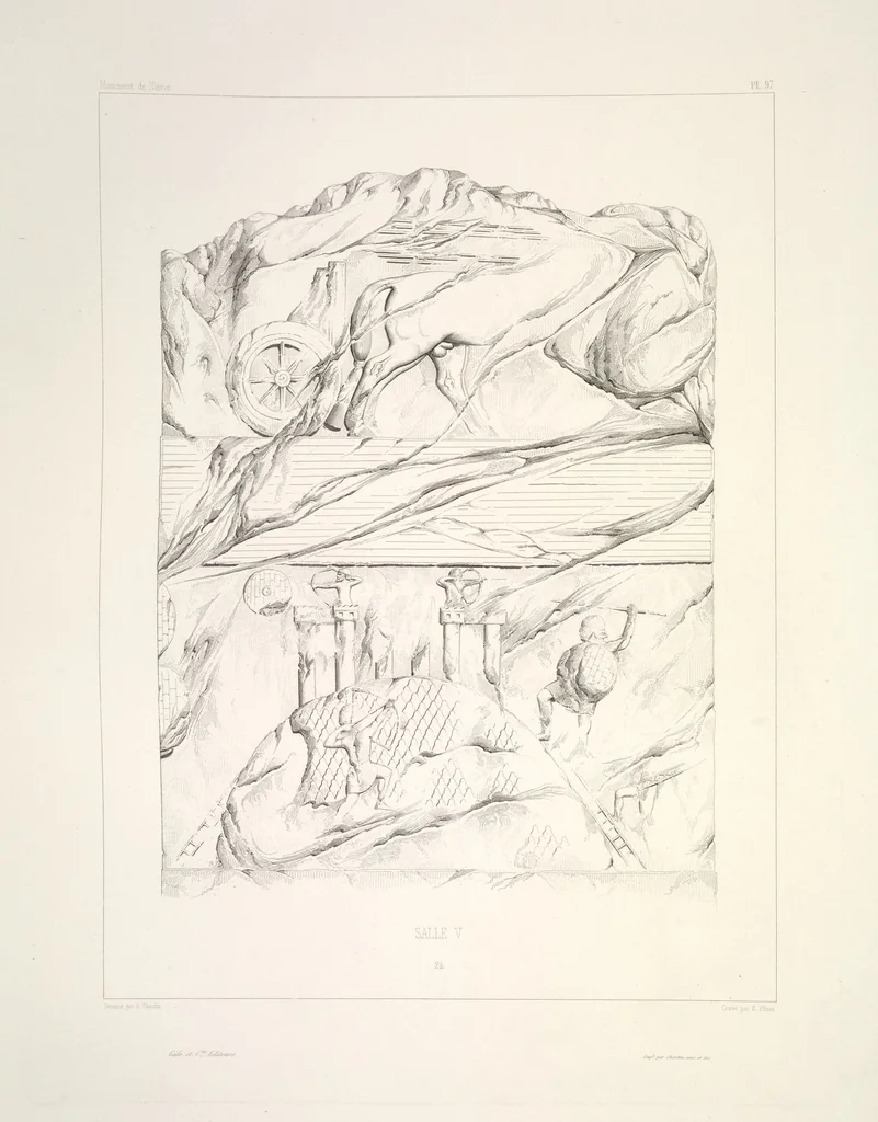 An illustration from Monument de Ninive, découvert et décrit par M.P.E. Botta; mesuré et dessiné par M.E. Flandin. Ouvrage publié par ordre du gouvernement sous les auspices de M. le ministre de l'intérieur et sous la direction d'une commission de l'Institut, 1849, leaf 102