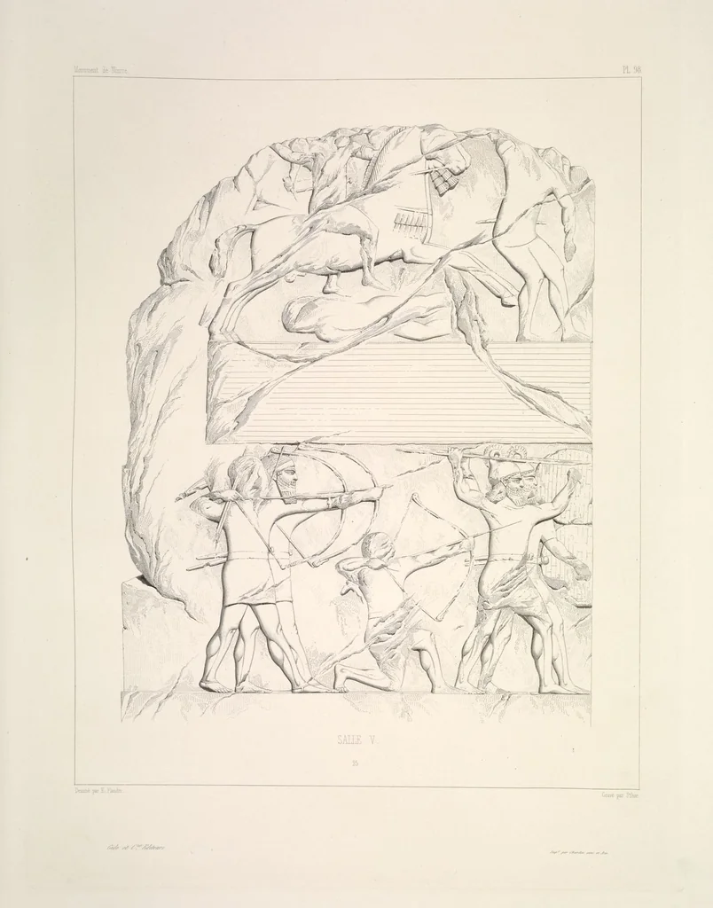 An illustration from Monument de Ninive, découvert et décrit par M.P.E. Botta; mesuré et dessiné par M.E. Flandin. Ouvrage publié par ordre du gouvernement sous les auspices de M. le ministre de l'intérieur et sous la direction d'une commission de l'Institut, 1849, leaf 103