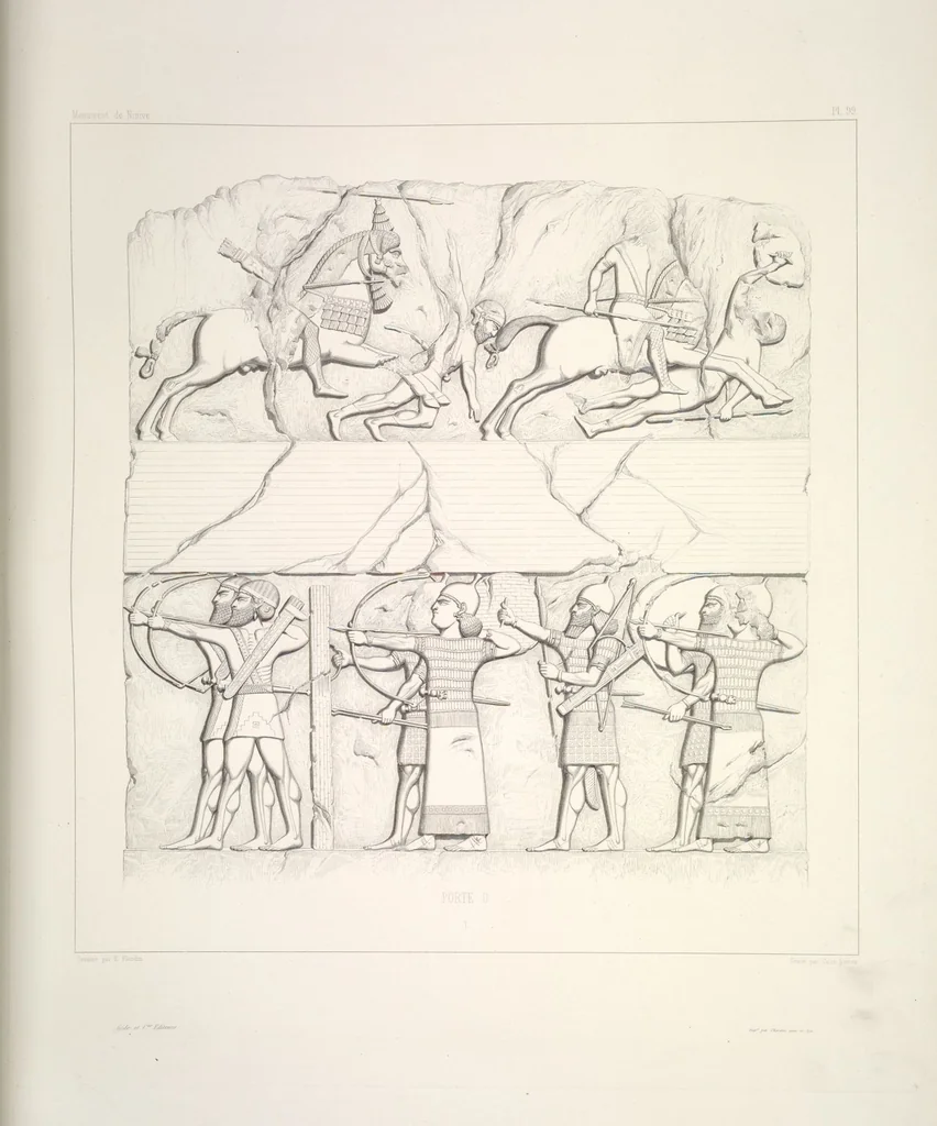 An illustration from Monument de Ninive, découvert et décrit par M.P.E. Botta; mesuré et dessiné par M.E. Flandin. Ouvrage publié par ordre du gouvernement sous les auspices de M. le ministre de l'intérieur et sous la direction d'une commission de l'Institut, 1849, leaf 104