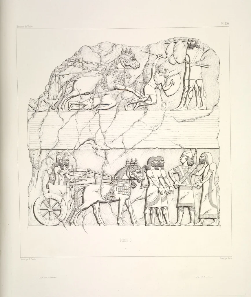 An illustration from Monument de Ninive, découvert et décrit par M.P.E. Botta; mesuré et dessiné par M.E. Flandin. Ouvrage publié par ordre du gouvernement sous les auspices de M. le ministre de l'intérieur et sous la direction d'une commission de l'Institut, 1849, leaf 105