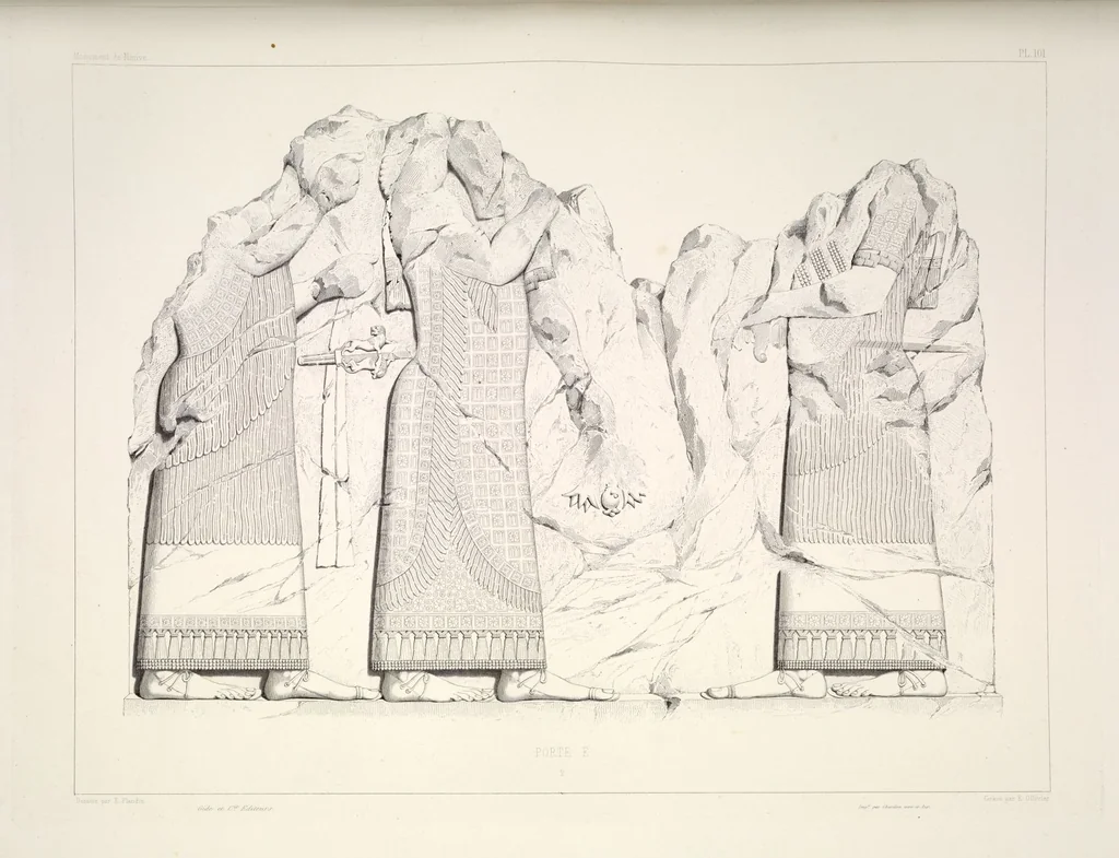 An illustration from Monument de Ninive, découvert et décrit par M.P.E. Botta; mesuré et dessiné par M.E. Flandin. Ouvrage publié par ordre du gouvernement sous les auspices de M. le ministre de l'intérieur et sous la direction d'une commission de l'Institut, 1849, leaf 106