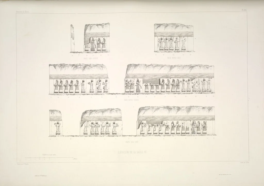An illustration from Monument de Ninive, découvert et décrit par M.P.E. Botta; mesuré et dessiné par M.E. Flandin. Ouvrage publié par ordre du gouvernement sous les auspices de M. le ministre de l'intérieur et sous la direction d'une commission de l'Institut, 1849, leaf 108