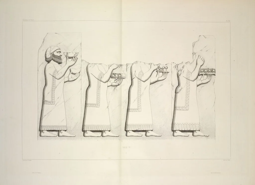 An illustration from Monument de Ninive, découvert et décrit par M.P.E. Botta; mesuré et dessiné par M.E. Flandin. Ouvrage publié par ordre du gouvernement sous les auspices de M. le ministre de l'intérieur et sous la direction d'une commission de l'Institut, 1849, leaf 109