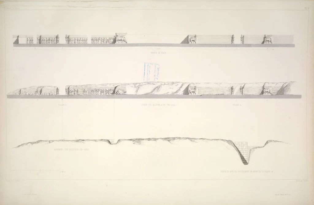 An illustration from Monument de Ninive, découvert et décrit par M.P.E. Botta; mesuré et dessiné par M.E. Flandin. Ouvrage publié par ordre du gouvernement sous les auspices de M. le ministre de l'intérieur et sous la direction d'une commission de l'Institut, 1849, leaf 11