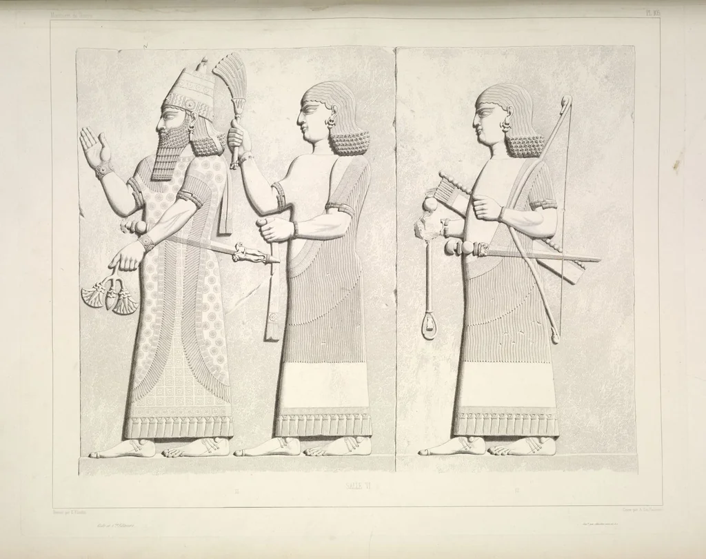 An illustration from Monument de Ninive, découvert et décrit par M.P.E. Botta; mesuré et dessiné par M.E. Flandin. Ouvrage publié par ordre du gouvernement sous les auspices de M. le ministre de l'intérieur et sous la direction d'une commission de l'Institut, 1849, leaf 110