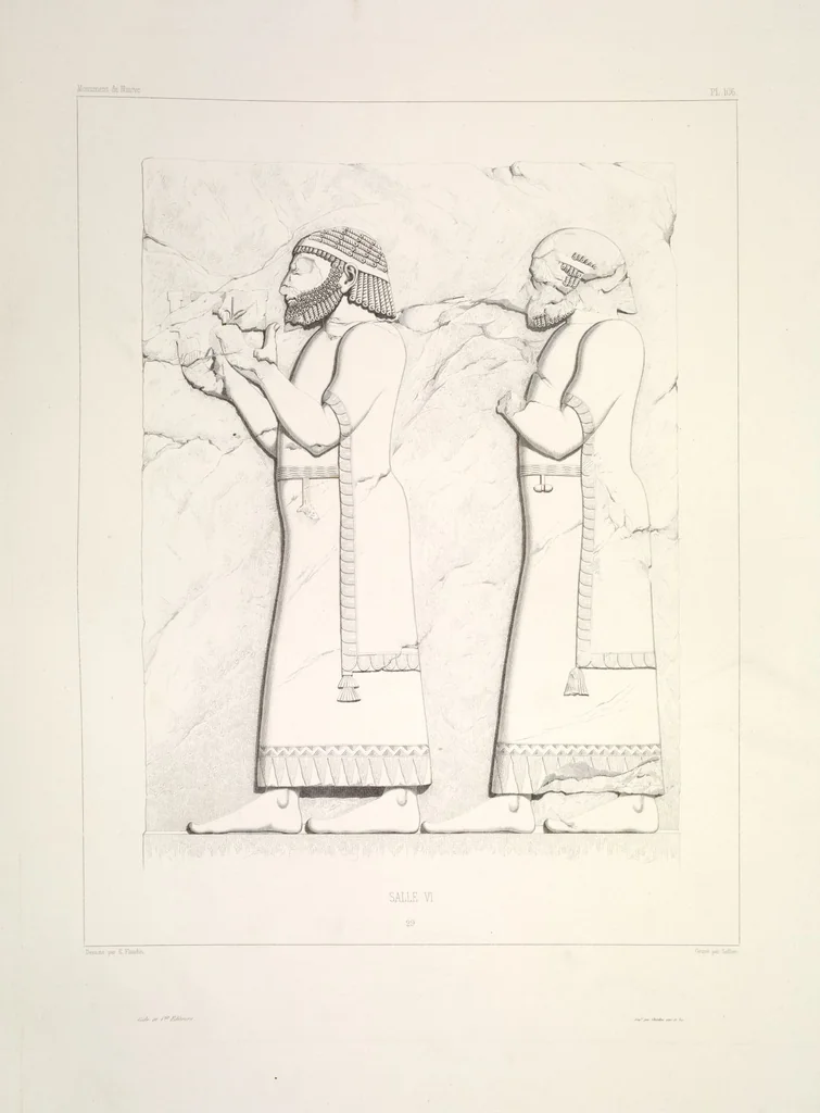 An illustration from Monument de Ninive, découvert et décrit par M.P.E. Botta; mesuré et dessiné par M.E. Flandin. Ouvrage publié par ordre du gouvernement sous les auspices de M. le ministre de l'intérieur et sous la direction d'une commission de l'Institut, 1849, leaf 111