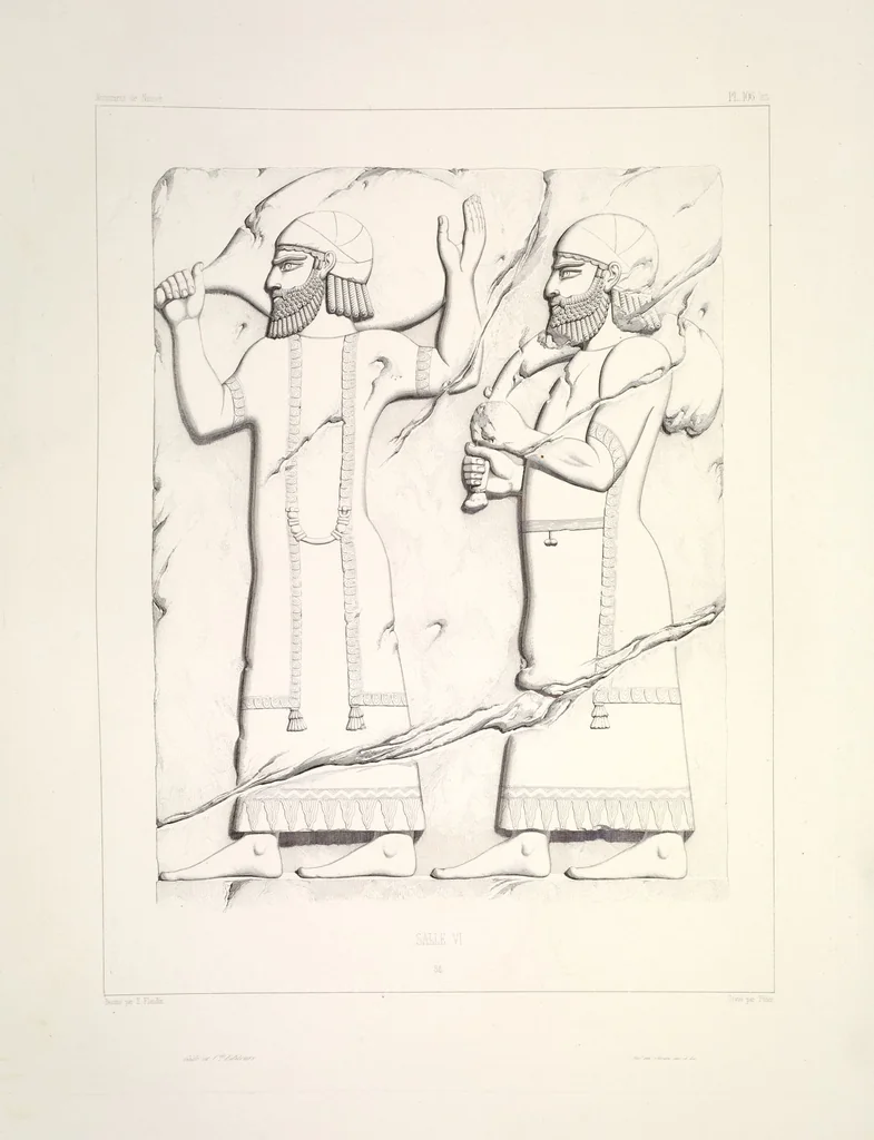 An illustration from Monument de Ninive, découvert et décrit par M.P.E. Botta; mesuré et dessiné par M.E. Flandin. Ouvrage publié par ordre du gouvernement sous les auspices de M. le ministre de l'intérieur et sous la direction d'une commission de l'Institut, 1849, leaf 112