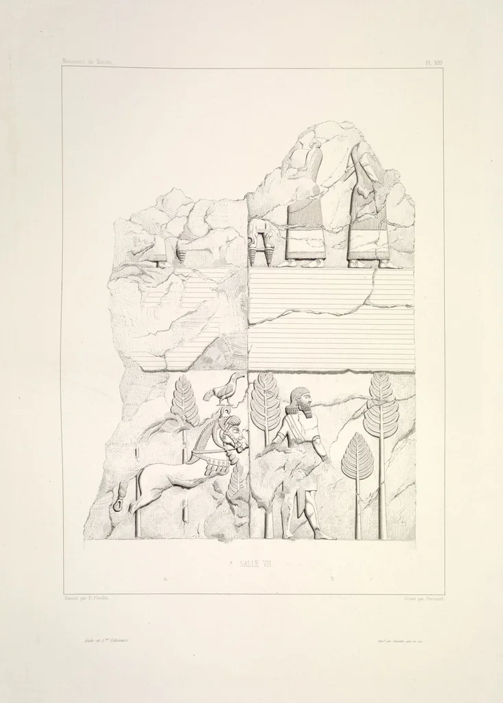 An illustration from Monument de Ninive, découvert et décrit par M.P.E. Botta; mesuré et dessiné par M.E. Flandin. Ouvrage publié par ordre du gouvernement sous les auspices de M. le ministre de l'intérieur et sous la direction d'une commission de l'Institut, 1849, leaf 115