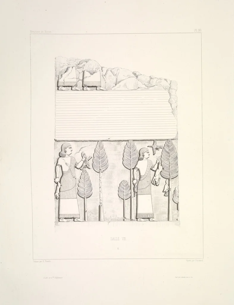 An illustration from Monument de Ninive, découvert et décrit par M.P.E. Botta; mesuré et dessiné par M.E. Flandin. Ouvrage publié par ordre du gouvernement sous les auspices de M. le ministre de l'intérieur et sous la direction d'une commission de l'Institut, 1849, leaf 116