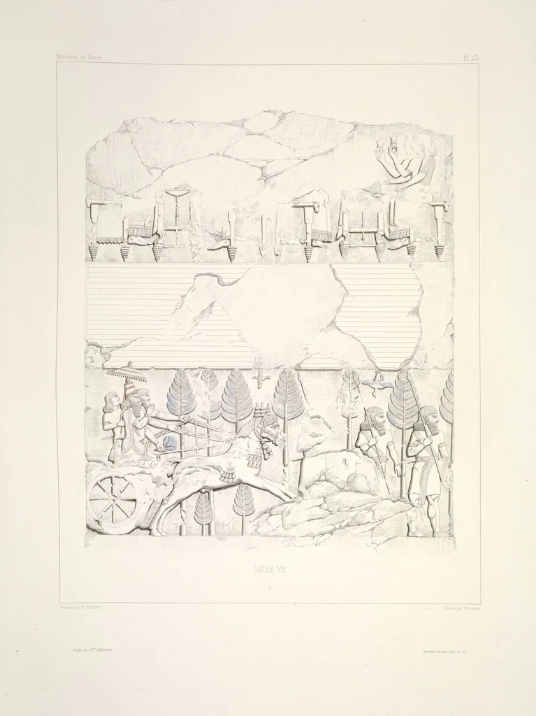 An illustration from Monument de Ninive, découvert et décrit par M.P.E. Botta; mesuré et dessiné par M.E. Flandin. Ouvrage publié par ordre du gouvernement sous les auspices de M. le ministre de l'intérieur et sous la direction d'une commission de l'Institut, 1849, leaf 119
