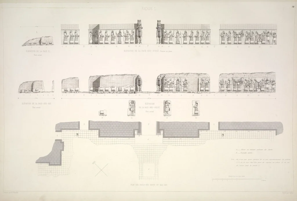 An illustration from Monument de Ninive, découvert et décrit par M.P.E. Botta; mesuré et dessiné par M.E. Flandin. Ouvrage publié par ordre du gouvernement sous les auspices de M. le ministre de l'intérieur et sous la direction d'une commission de l'Institut, 1849, leaf 12