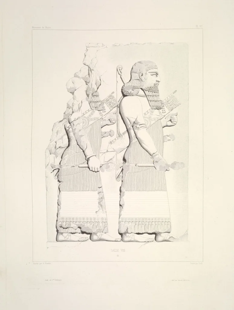An illustration from Monument de Ninive, découvert et décrit par M.P.E. Botta; mesuré et dessiné par M.E. Flandin. Ouvrage publié par ordre du gouvernement sous les auspices de M. le ministre de l'intérieur et sous la direction d'une commission de l'Institut, 1849, leaf 123