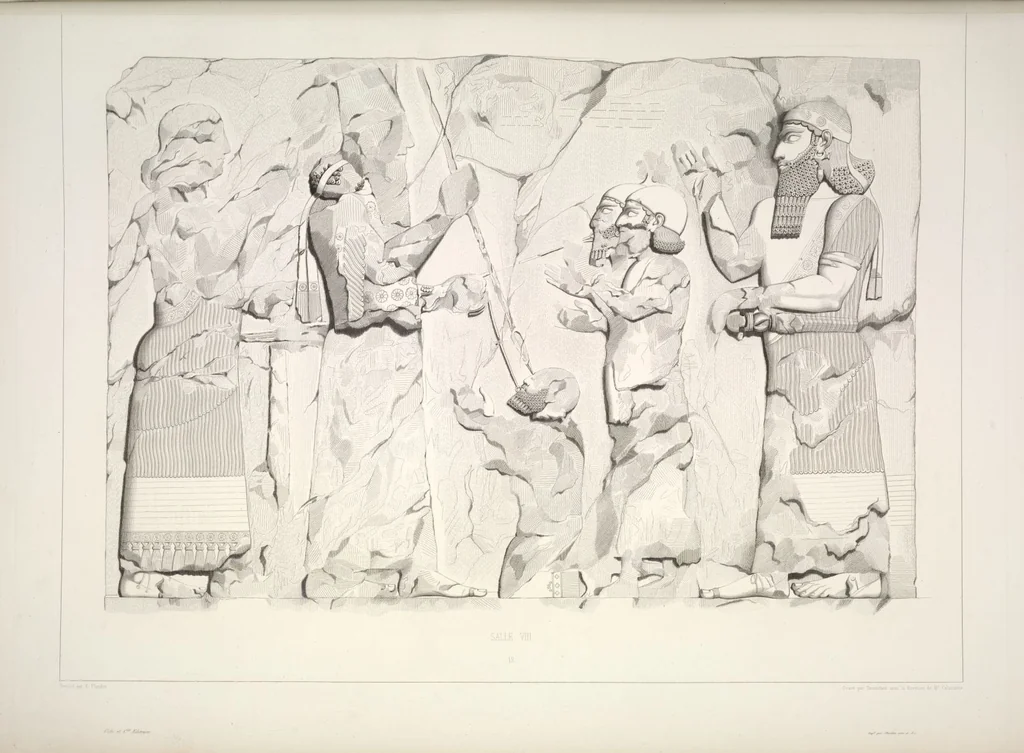 An illustration from Monument de Ninive, découvert et décrit par M.P.E. Botta; mesuré et dessiné par M.E. Flandin. Ouvrage publié par ordre du gouvernement sous les auspices de M. le ministre de l'intérieur et sous la direction d'une commission de l'Institut, 1849, leaf 124