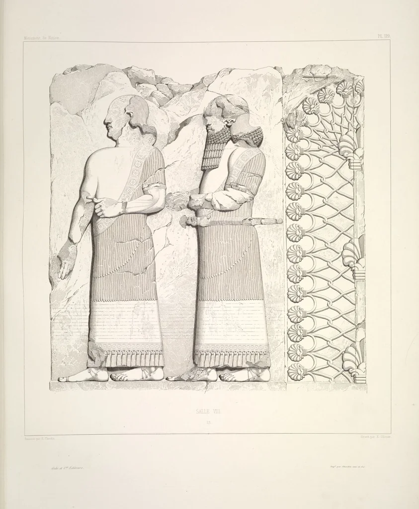 An illustration from Monument de Ninive, découvert et décrit par M.P.E. Botta; mesuré et dessiné par M.E. Flandin. Ouvrage publié par ordre du gouvernement sous les auspices de M. le ministre de l'intérieur et sous la direction d'une commission de l'Institut, 1849, leaf 125