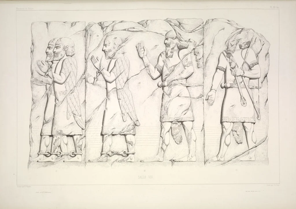An illustration from Monument de Ninive, découvert et décrit par M.P.E. Botta; mesuré et dessiné par M.E. Flandin. Ouvrage publié par ordre du gouvernement sous les auspices de M. le ministre de l'intérieur et sous la direction d'une commission de l'Institut, 1849, leaf 126