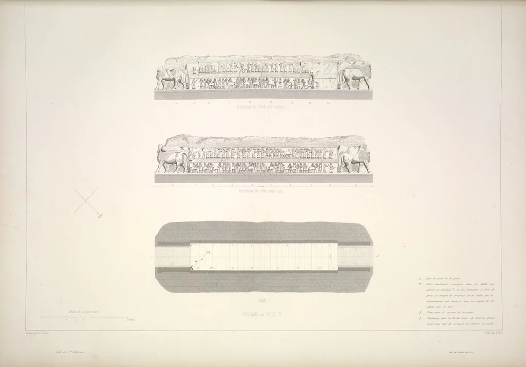 An illustration from Monument de Ninive, découvert et décrit par M.P.E. Botta; mesuré et dessiné par M.E. Flandin. Ouvrage publié par ordre du gouvernement sous les auspices de M. le ministre de l'intérieur et sous la direction d'une commission de l'Institut, 1849, leaf 129