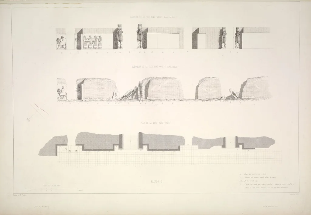 An illustration from Monument de Ninive, découvert et décrit par M.P.E. Botta; mesuré et dessiné par M.E. Flandin. Ouvrage publié par ordre du gouvernement sous les auspices de M. le ministre de l'intérieur et sous la direction d'une commission de l'Institut, 1849, leaf 13