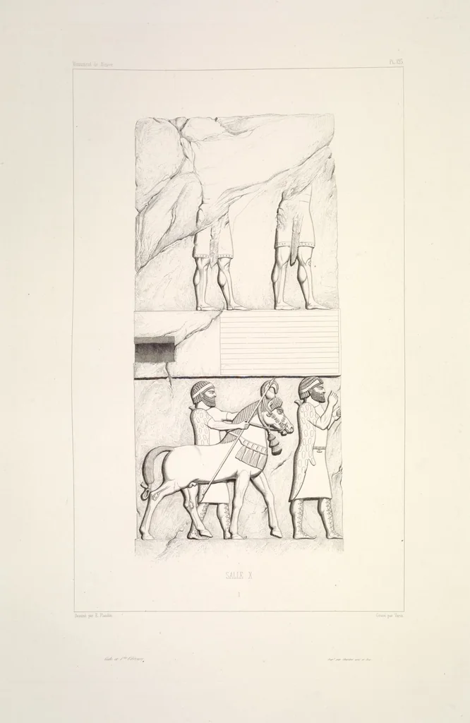 An illustration from Monument de Ninive, découvert et décrit par M.P.E. Botta; mesuré et dessiné par M.E. Flandin. Ouvrage publié par ordre du gouvernement sous les auspices de M. le ministre de l'intérieur et sous la direction d'une commission de l'Institut, 1849, leaf 130