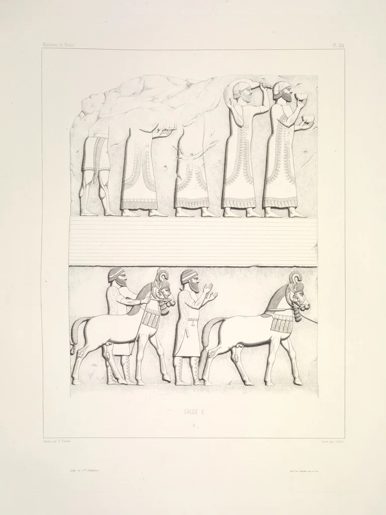 An illustration from Monument de Ninive, découvert et décrit par M.P.E. Botta; mesuré et dessiné par M.E. Flandin. Ouvrage publié par ordre du gouvernement sous les auspices de M. le ministre de l'intérieur et sous la direction d'une commission de l'Institut, 1849, leaf 131
