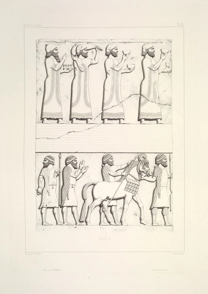 An illustration from Monument de Ninive, découvert et décrit par M.P.E. Botta; mesuré et dessiné par M.E. Flandin. Ouvrage publié par ordre du gouvernement sous les auspices de M. le ministre de l'intérieur et sous la direction d'une commission de l'Institut, 1849, leaf 132