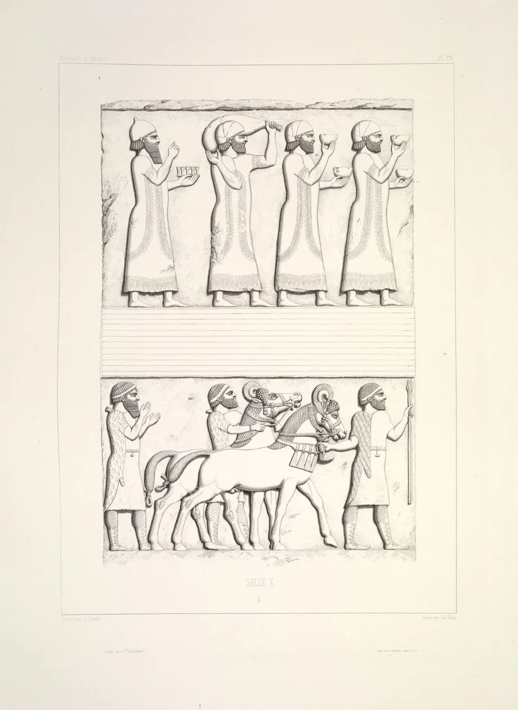 An illustration from Monument de Ninive, découvert et décrit par M.P.E. Botta; mesuré et dessiné par M.E. Flandin. Ouvrage publié par ordre du gouvernement sous les auspices de M. le ministre de l'intérieur et sous la direction d'une commission de l'Institut, 1849, leaf 133