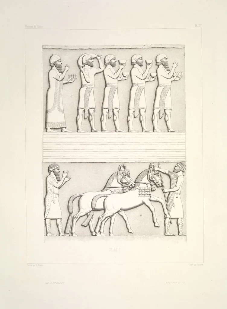 An illustration from Monument de Ninive, découvert et décrit par M.P.E. Botta; mesuré et dessiné par M.E. Flandin. Ouvrage publié par ordre du gouvernement sous les auspices de M. le ministre de l'intérieur et sous la direction d'une commission de l'Institut, 1849, leaf 134