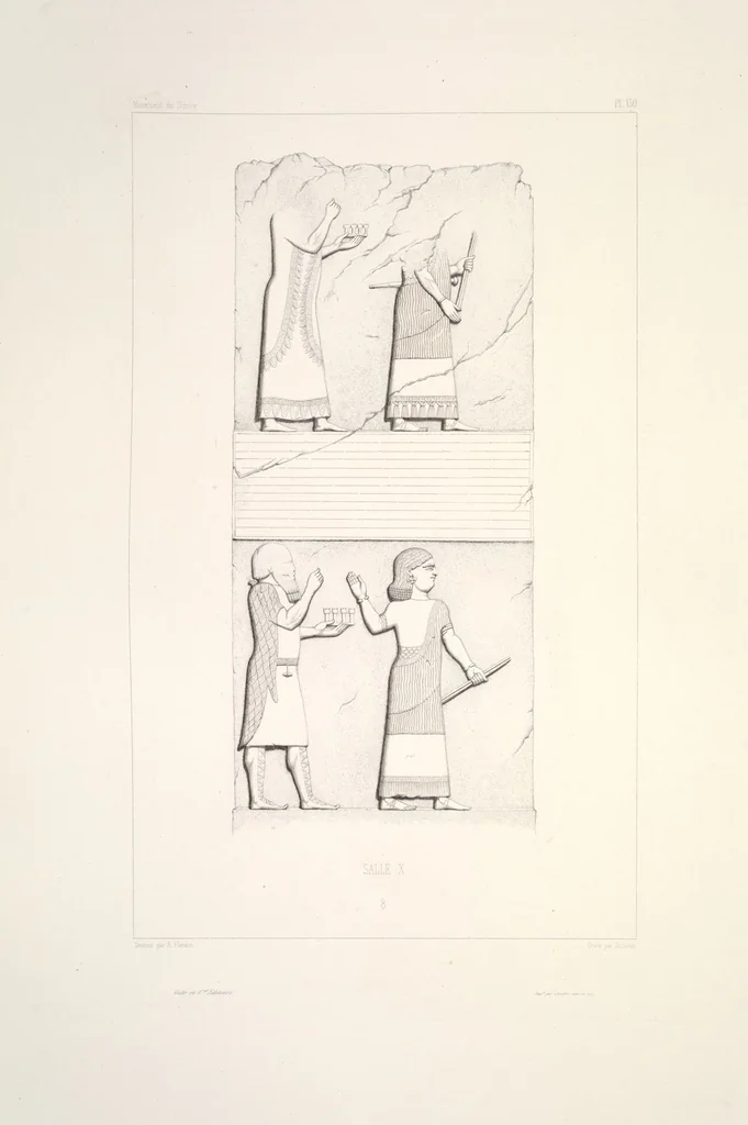 An illustration from Monument de Ninive, découvert et décrit par M.P.E. Botta; mesuré et dessiné par M.E. Flandin. Ouvrage publié par ordre du gouvernement sous les auspices de M. le ministre de l'intérieur et sous la direction d'une commission de l'Institut, 1849, leaf 137