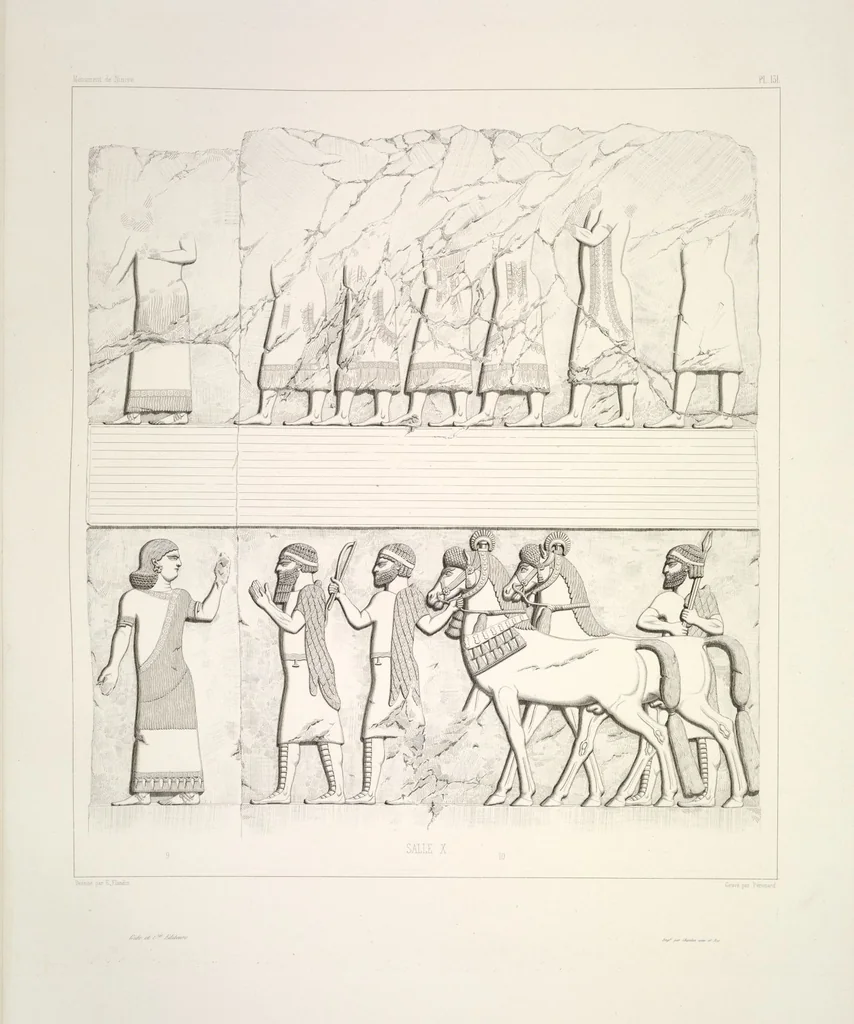 An illustration from Monument de Ninive, découvert et décrit par M.P.E. Botta; mesuré et dessiné par M.E. Flandin. Ouvrage publié par ordre du gouvernement sous les auspices de M. le ministre de l'intérieur et sous la direction d'une commission de l'Institut, 1849, leaf 138
