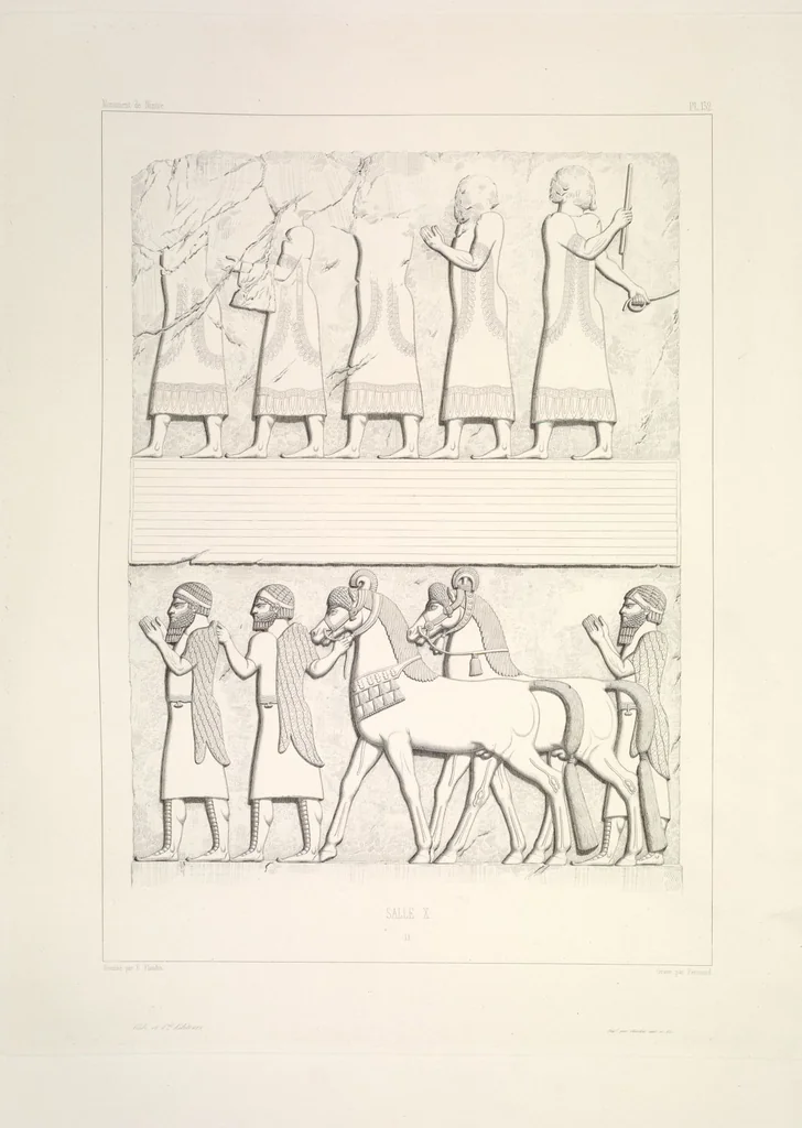 An illustration from Monument de Ninive, découvert et décrit par M.P.E. Botta; mesuré et dessiné par M.E. Flandin. Ouvrage publié par ordre du gouvernement sous les auspices de M. le ministre de l'intérieur et sous la direction d'une commission de l'Institut, 1849, leaf 139