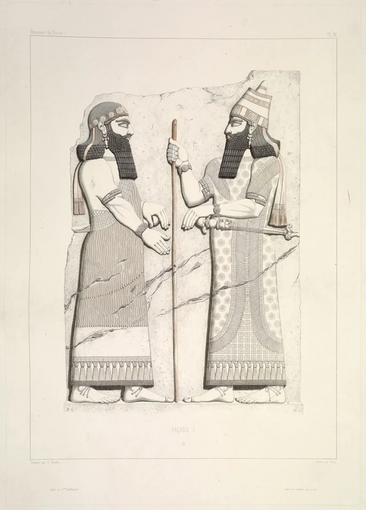 An illustration from Monument de Ninive, découvert et décrit par M.P.E. Botta; mesuré et dessiné par M.E. Flandin. Ouvrage publié par ordre du gouvernement sous les auspices de M. le ministre de l'intérieur et sous la direction d'une commission de l'Institut, 1849, leaf 14