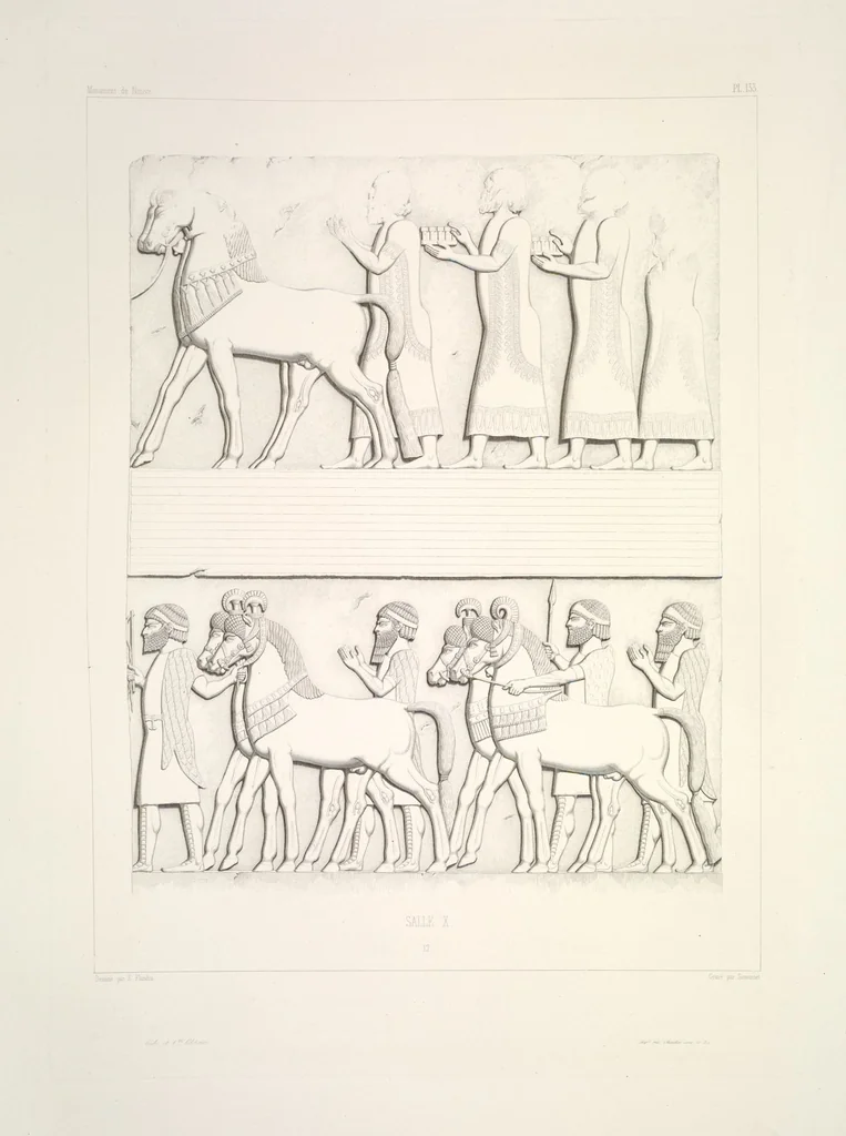 An illustration from Monument de Ninive, découvert et décrit par M.P.E. Botta; mesuré et dessiné par M.E. Flandin. Ouvrage publié par ordre du gouvernement sous les auspices de M. le ministre de l'intérieur et sous la direction d'une commission de l'Institut, 1849, leaf 140