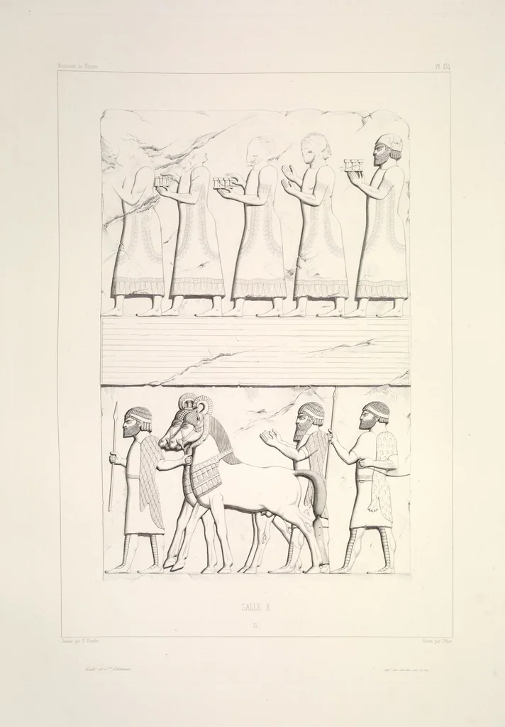An illustration from Monument de Ninive, découvert et décrit par M.P.E. Botta; mesuré et dessiné par M.E. Flandin. Ouvrage publié par ordre du gouvernement sous les auspices de M. le ministre de l'intérieur et sous la direction d'une commission de l'Institut, 1849, leaf 141