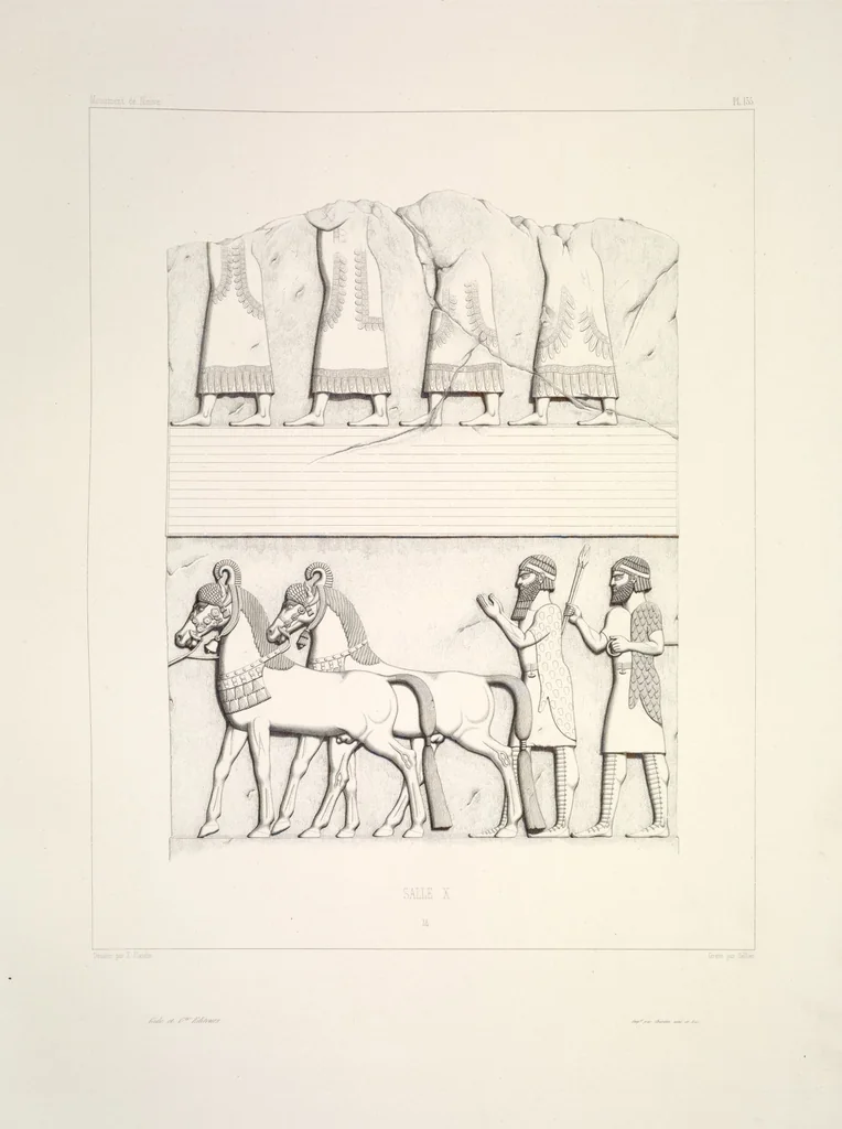 An illustration from Monument de Ninive, découvert et décrit par M.P.E. Botta; mesuré et dessiné par M.E. Flandin. Ouvrage publié par ordre du gouvernement sous les auspices de M. le ministre de l'intérieur et sous la direction d'une commission de l'Institut, 1849, leaf 142