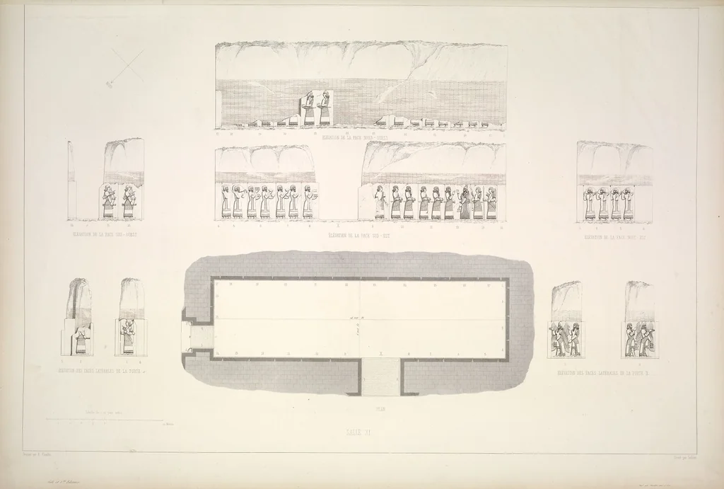 An illustration from Monument de Ninive, découvert et décrit par M.P.E. Botta; mesuré et dessiné par M.E. Flandin. Ouvrage publié par ordre du gouvernement sous les auspices de M. le ministre de l'intérieur et sous la direction d'une commission de l'Institut, 1849, leaf 144