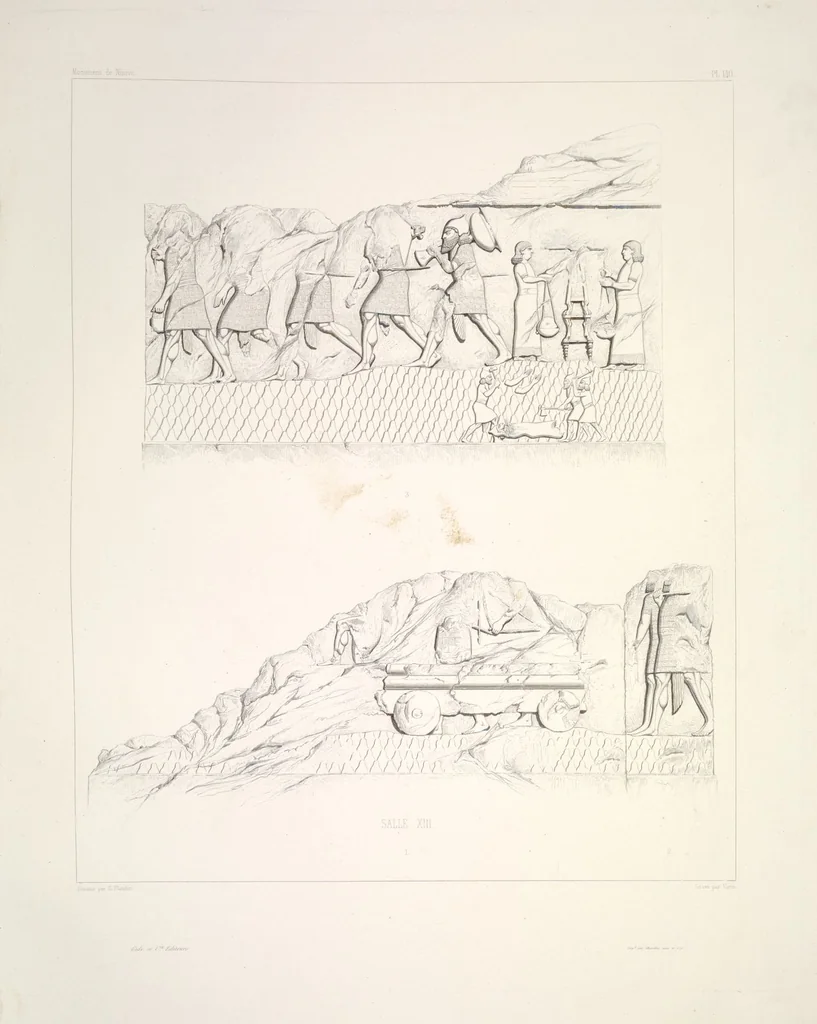 An illustration from Monument de Ninive, découvert et décrit par M.P.E. Botta; mesuré et dessiné par M.E. Flandin. Ouvrage publié par ordre du gouvernement sous les auspices de M. le ministre de l'intérieur et sous la direction d'une commission de l'Institut, 1849, leaf 147
