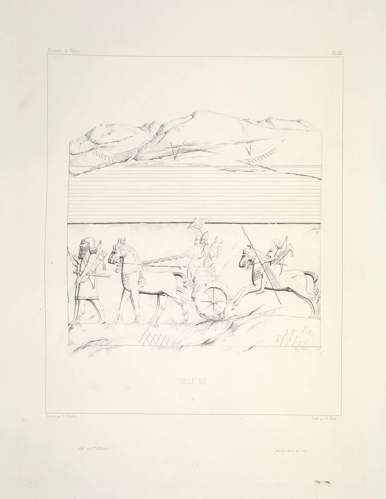 An illustration from Monument de Ninive, découvert et décrit par M.P.E. Botta; mesuré et dessiné par M.E. Flandin. Ouvrage publié par ordre du gouvernement sous les auspices de M. le ministre de l'intérieur et sous la direction d'une commission de l'Institut, 1849, leaf 149