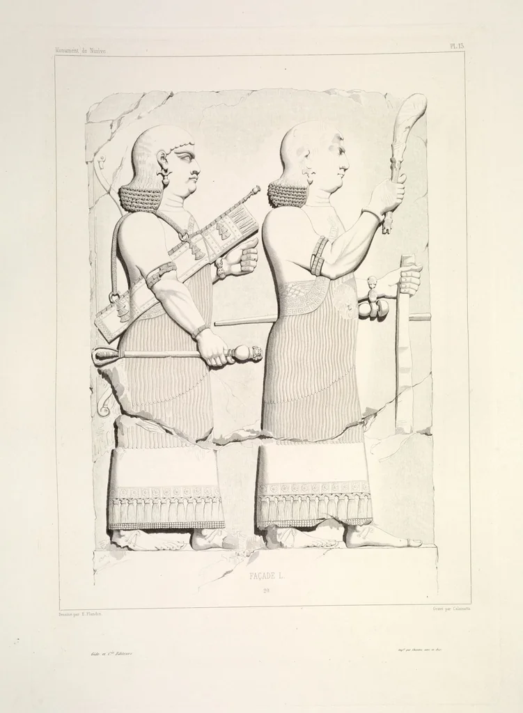 An illustration from Monument de Ninive, découvert et décrit par M.P.E. Botta; mesuré et dessiné par M.E. Flandin. Ouvrage publié par ordre du gouvernement sous les auspices de M. le ministre de l'intérieur et sous la direction d'une commission de l'Institut, 1849, leaf 15