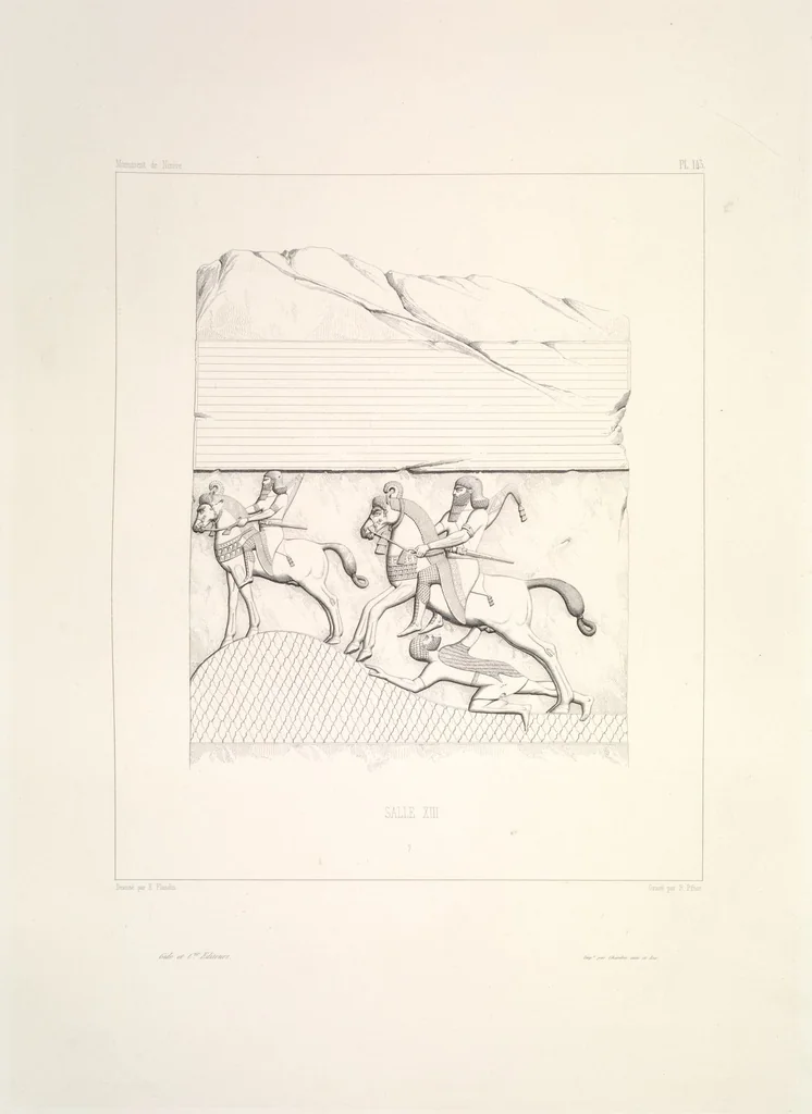 An illustration from Monument de Ninive, découvert et décrit par M.P.E. Botta; mesuré et dessiné par M.E. Flandin. Ouvrage publié par ordre du gouvernement sous les auspices de M. le ministre de l'intérieur et sous la direction d'une commission de l'Institut, 1849, leaf 150