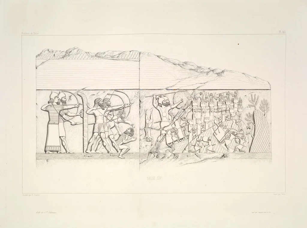 An illustration from Monument de Ninive, découvert et décrit par M.P.E. Botta; mesuré et dessiné par M.E. Flandin. Ouvrage publié par ordre du gouvernement sous les auspices de M. le ministre de l'intérieur et sous la direction d'une commission de l'Institut, 1849, leaf 152