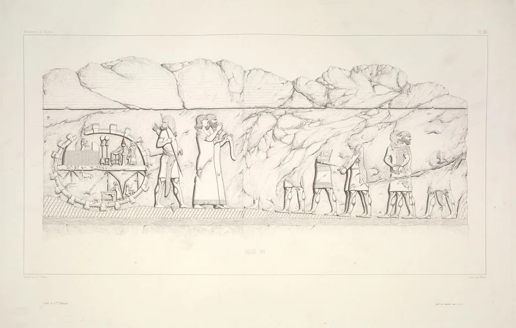 An illustration from Monument de Ninive, découvert et décrit par M.P.E. Botta; mesuré et dessiné par M.E. Flandin. Ouvrage publié par ordre du gouvernement sous les auspices de M. le ministre de l'intérieur et sous la direction d'une commission de l'Institut, 1849, leaf 153