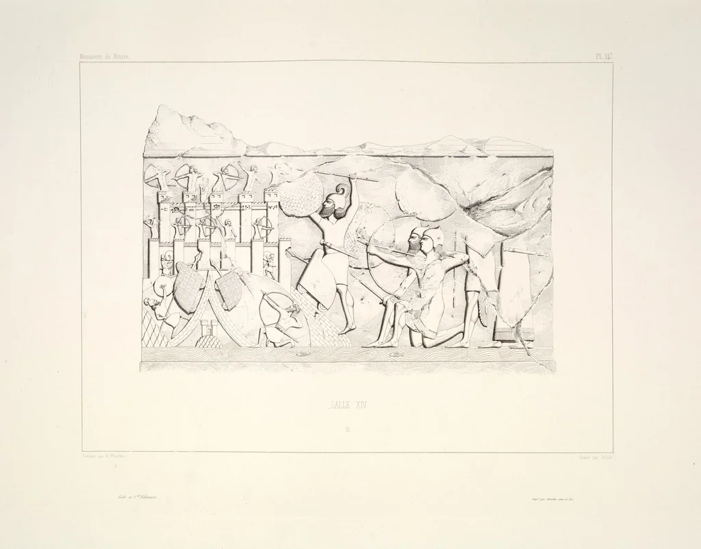 An illustration from Monument de Ninive, découvert et décrit par M.P.E. Botta; mesuré et dessiné par M.E. Flandin. Ouvrage publié par ordre du gouvernement sous les auspices de M. le ministre de l'intérieur et sous la direction d'une commission de l'Institut, 1849, leaf 154