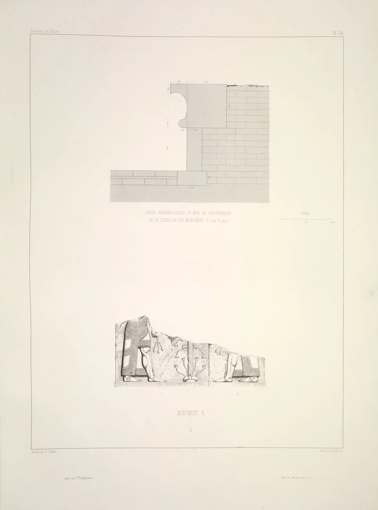 An illustration from Monument de Ninive, découvert et décrit par M.P.E. Botta; mesuré et dessiné par M.E. Flandin. Ouvrage publié par ordre du gouvernement sous les auspices de M. le ministre de l'intérieur et sous la direction d'une commission de l'Institut, 1849, leaf 157