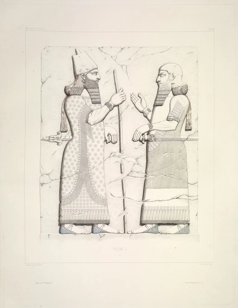 An illustration from Monument de Ninive, découvert et décrit par M.P.E. Botta; mesuré et dessiné par M.E. Flandin. Ouvrage publié par ordre du gouvernement sous les auspices de M. le ministre de l'intérieur et sous la direction d'une commission de l'Institut, 1849, leaf 16