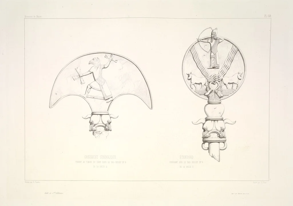 An illustration from Monument de Ninive, découvert et décrit par M.P.E. Botta; mesuré et dessiné par M.E. Flandin. Ouvrage publié par ordre du gouvernement sous les auspices de M. le ministre de l'intérieur et sous la direction d'une commission de l'Institut, 1849, leaf 166