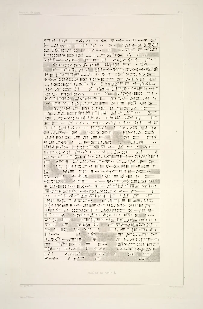 An illustration from Monument de Ninive, découvert et décrit par M.P.E. Botta; mesuré et dessiné par M.E. Flandin. Ouvrage publié par ordre du gouvernement sous les auspices de M. le ministre de l'intérieur et sous la direction d'une commission de l'Institut, 1849, leaf 179