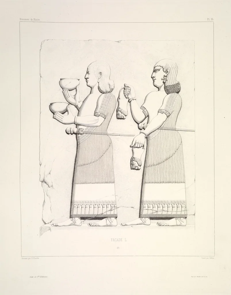 An illustration from Monument de Ninive, découvert et décrit par M.P.E. Botta; mesuré et dessiné par M.E. Flandin. Ouvrage publié par ordre du gouvernement sous les auspices de M. le ministre de l'intérieur et sous la direction d'une commission de l'Institut, 1849, leaf 18