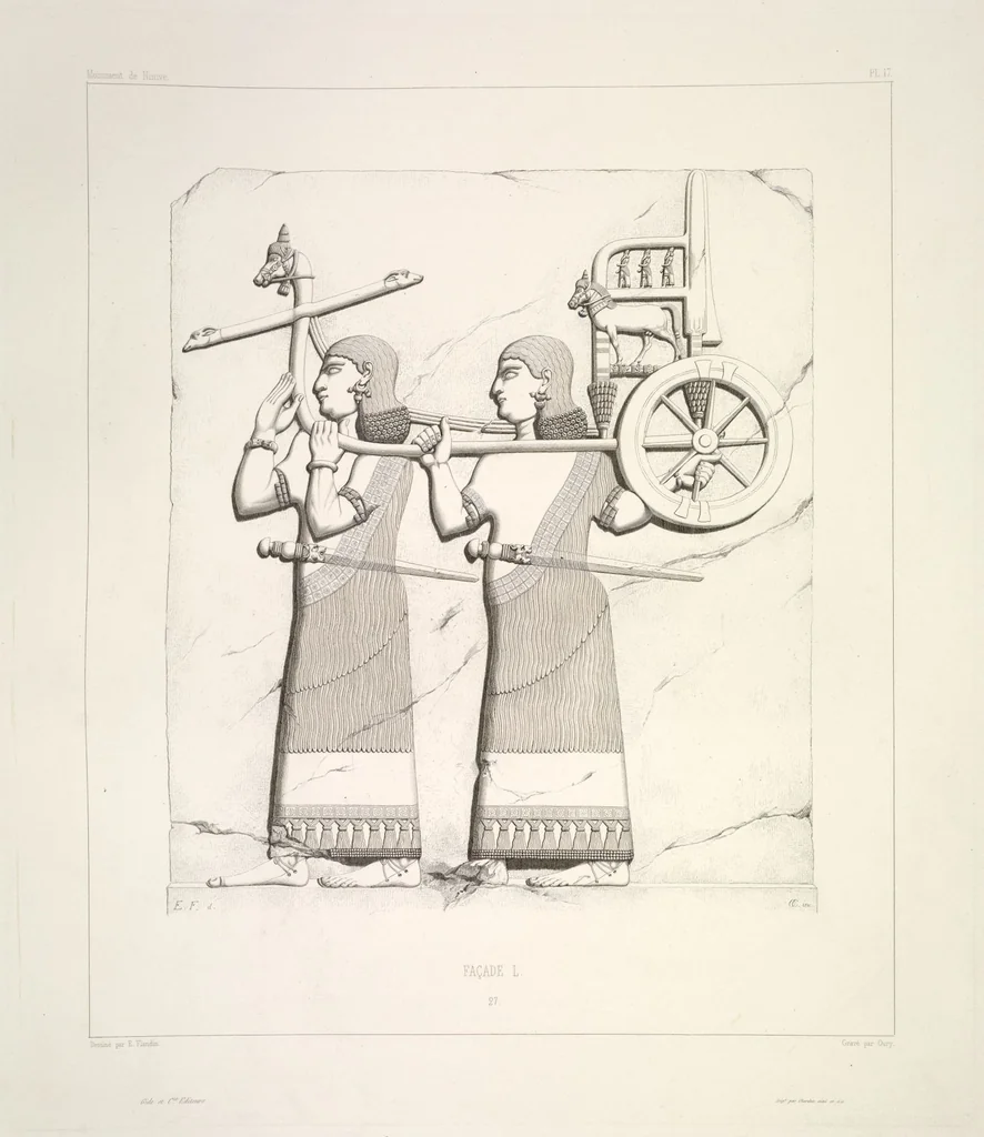 An illustration from Monument de Ninive, découvert et décrit par M.P.E. Botta; mesuré et dessiné par M.E. Flandin. Ouvrage publié par ordre du gouvernement sous les auspices de M. le ministre de l'intérieur et sous la direction d'une commission de l'Institut, 1849, leaf 19