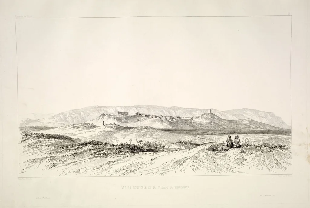 An illustration from Monument de Ninive, découvert et décrit par M.P.E. Botta; mesuré et dessiné par M.E. Flandin. Ouvrage publié par ordre du gouvernement sous les auspices de M. le ministre de l'intérieur et sous la direction d'une commission de l'Institut, 1849, leaf 2