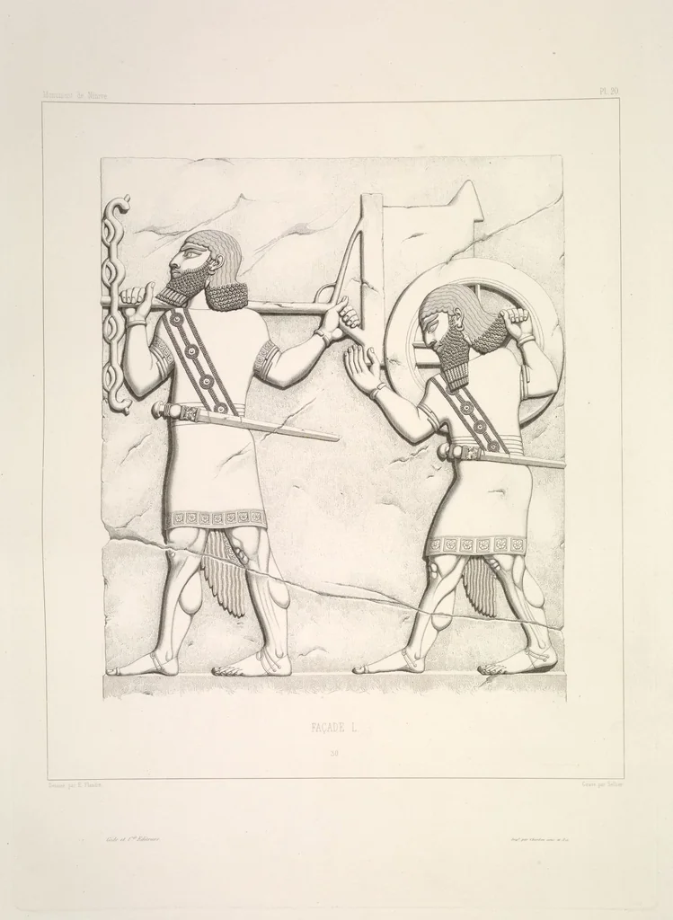 An illustration from Monument de Ninive, découvert et décrit par M.P.E. Botta; mesuré et dessiné par M.E. Flandin. Ouvrage publié par ordre du gouvernement sous les auspices de M. le ministre de l'intérieur et sous la direction d'une commission de l'Institut, 1849, leaf 22